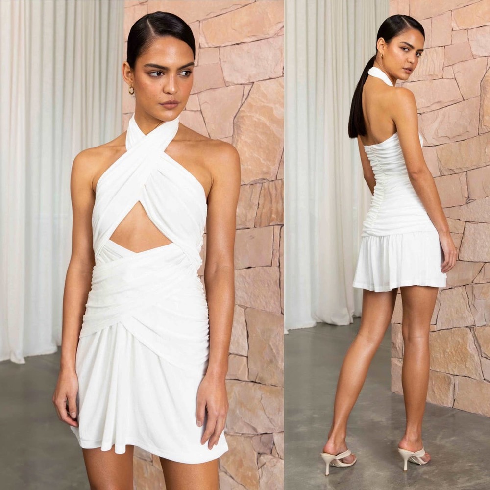 MISHA Callie Ivory Cutout Mini Dress Halter Neck Ruched Bride Bachelorette 4